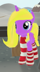 Size: 347x617 | Tagged: safe, imported from derpibooru, oc, oc only, pony, unicorn, clothes, female, flower, flower in hair, game, game screencap, horn, legends of equestria, scarf, socks, solo, striped socks, unicorn oc, video game, winter