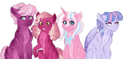 Size: 6000x2799 | Tagged: safe, artist:azure-art-wave, imported from derpibooru, cheerilee, clear sky, wind sprint, oc, oc:rosemary, earth pony, pegasus, pony, unicorn, absurd resolution, female, filly, magical lesbian spawn, mare, offspring, older, parent:cheerilee, parent:clear sky, simple background, transparent background