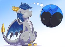 Size: 1382x1000 | Tagged: safe, artist:vavacung, imported from derpibooru, oc, oc only, oc:silver starlight, oc:wander bliss, dracony, dragon, hybrid, pony, butt, dock, featureless crotch, male, plot, thought bubble