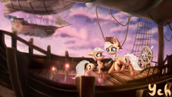 Size: 3840x2160 | Tagged: safe, artist:muggod, imported from derpibooru, oc, oc only, pony, airship, cloud, female, jewelry, looking at each other, mare, pirate, raised hoof, sky, steampunk, sword, sword fight, weapon, zeppelin