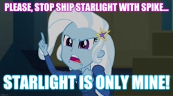 Size: 1280x714 | Tagged: safe, edit, edited screencap, imported from derpibooru, screencap, trixie, equestria girls, rainbow rocks, caption, image macro, implied sparlight, implied spike, implied starlight glimmer, meme, op is a duck, text, trixie yells at everything