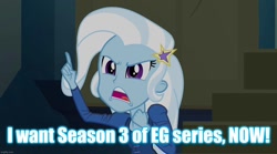 Size: 1280x714 | Tagged: safe, edit, edited screencap, imported from derpibooru, screencap, trixie, equestria girls, rainbow rocks, caption, image macro, meme, text, trixie yells at everything