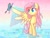 Size: 1700x1275 | Tagged: safe, artist:musicfirewind, artist:wavecipher, imported from derpibooru, fluttershy, butterfly, pegasus, pony, alternate hairstyle, cute, female, flower, flower in hair, looking at something, mare, one wing out, shyabetes, sitting on wing, smiling, solo, standing, water, wings