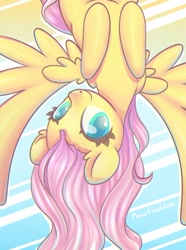 Size: 1369x1839 | Tagged: safe, artist:musicfirewind, artist:wavecipher, imported from derpibooru, fluttershy, pegasus, pony, cute, female, looking at you, mare, shyabetes, smiling, solo, spread wings, upside down, wings