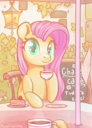 Size: 1369x1898 | Tagged: safe, artist:musicfirewind, artist:wavecipher, imported from derpibooru, fluttershy, pegasus, pony, cafe, cake, coffee, coffee cup, cup, female, food, implied discord, looking at you, solo, solo focus