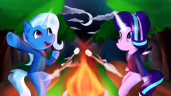 Size: 2560x1440 | Tagged: safe, artist:nicxchy, imported from derpibooru, starlight glimmer, trixie, pony, semi-anthro, unicorn, campfire, camping, clothes, cloud, female, fire, food, forest, glowing, glowing horn, horn, levitation, magic, magic aura, mare, marshmallow, moon, night, open mouth, sitting, stars, stick, telekinesis, tent, tree