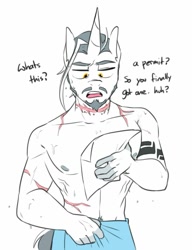 Size: 951x1237 | Tagged: safe, artist:redxbacon, imported from derpibooru, oc, oc only, oc:silver spark, anthro, unicorn, clothes, male, partial nudity, scar, solo, topless, towel