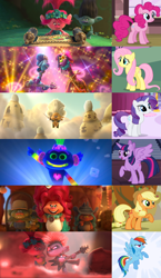 Size: 1800x3108 | Tagged: safe, edit, edited screencap, imported from derpibooru, screencap, applejack, fluttershy, pinkie pie, rainbow dash, rarity, twilight sparkle, alicorn, pony, a dog and pony show, fall weather friends, stare master, the ticket master, three's a crowd, twilight's kingdom, branch (trolls), classical, country, cropped, delta dawn, dickory, funk, guitar, hickory, king quincy, king trollex, mane six, music genres, musical instrument, pop, poppy, princess poppy, queen barb, queen essence, queen poppy, rock, rock (music), scroll, techno, tree branch, trolls, trolls world tour, trollzart, twilight sparkle (alicorn)