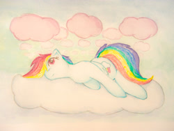 Size: 4032x3024 | Tagged: safe, artist:papersurgery, imported from derpibooru, rainbow dash, pegasus, pony, apathy, backwards cutie mark, bored, cloud, female, looking up, lying down, mare, solo, traditional art, watercolor painting