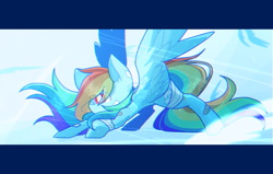 Size: 1024x650 | Tagged: safe, artist:jisuppe, imported from derpibooru, rainbow dash, pony, action pose, bandage, bandaid, female, letterboxing, solo, watermark