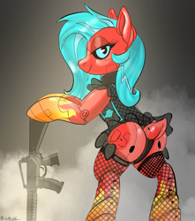 Size: 1062x1200 | Tagged: safe, artist:brainiac, imported from derpibooru, oc, oc only, oc:o-5, pony, robot, robot pony, arcatar animatronics, commission, female, gun, mare, solo, weapon