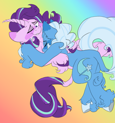 Size: 1923x2048 | Tagged: safe, alternate version, artist:somelazyassartist, imported from derpibooru, starlight glimmer, trixie, pony, unicorn, cuddling, curved horn, female, horn, leonine tail, lesbian, rainbow background, shipping, smiling, startrix, unshorn fetlocks