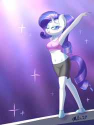 Size: 1500x2000 | Tagged: safe, artist:melliedraws, imported from derpibooru, rarity, anthro, plantigrade anthro, armpits, beam, blushing, clothes, compression shorts, female, gymnastics, heart nostrils, one eye closed, pose, sexy, shorts, showing off, socks, solo, sports bra, sports shorts, stylish, sultry pose, wink