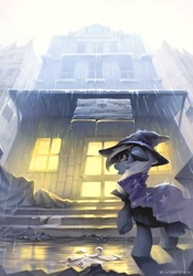 Size: 1600x2286 | Tagged: safe, artist:ramiras, imported from derpibooru, trixie, pony, unicorn, building, cape, clothes, cyrillic, digital art, ear fluff, fanfic, fanfic art, fanfic cover, female, floppy ears, hat, mare, rain, russian, solo, translated in the comments, trixie's cape, trixie's hat, wet