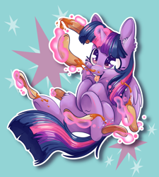 Size: 3691x4096 | Tagged: safe, artist:cutepencilcase, imported from derpibooru, twilight sparkle, alicorn, pony, blue background, cheek fluff, chest fluff, cute, cutie mark, cutie mark background, ear fluff, female, food, high res, i'm pancake, leg fluff, magic, mare, open mouth, pancakes, simple background, solo, syrup, telekinesis, tongue out, twiabetes, twilight sparkle (alicorn)