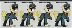 Size: 1280x512 | Tagged: safe, artist:brony-works, imported from derpibooru, oc, oc only, earth pony, pony, blonde, boots, clothes, earth pony oc, eyelashes, female, french, hat, helmet, mare, nazi, nazi germany, nazipone, police, raised hoof, reference sheet, shoes, smiling, solo, uniform, world war ii