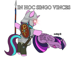 Size: 1000x795 | Tagged: safe, artist:boi_slam, artist:slamjam, imported from derpibooru, starlight glimmer, twilight sparkle, alicorn, pony, armor, asserting dominance, bipedal, byzantine, chi rho, cowering, glowing eyes, glowing eyes meme, grammar error, helmet, historical roleplay starlight, latin, misspelling, roman, shield, simple background, spear, t pose, text, twilight sparkle (alicorn), weapon, white background