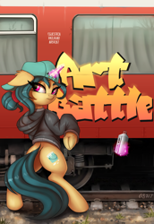 Size: 2000x2900 | Tagged: safe, artist:lightly-san, imported from derpibooru, fresh coat, pony, unicorn, backwards ballcap, baseball cap, bipedal, butt, cap, clothes, cutie mark, ear fluff, floppy ears, frog (hoof), graffiti, hat, hoodie, magic, on hind legs, paint, plot, railroad, railway track, solo, spray paint, tabun art-battle, tabun art-battle cover, telekinesis, train, train car, underhoof