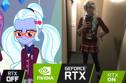 Size: 740x486 | Tagged: safe, imported from derpibooru, sugarcoat, sunny flare, human, equestria girls, barrette, cellphone, clothes, cosplay, costume, crossdressing, crossplay, door, drag, eyeglasses, geforce, geforce rtx, geforce rtx meme, glasses, graphics, irl, irl human, nvidia, pc graphics, phone, photo, rtx, skirt