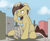 Size: 2468x2014 | Tagged: safe, artist:rapidstrike, imported from derpibooru, oc, oc only, oc:lucy, earth pony, pony, building, city, context is for the weak, destruction, female, giant pony, implied growth, macro, mare, one eye closed, open mouth, sitting, solo