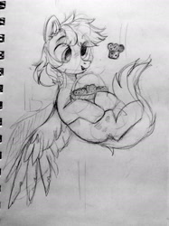 Size: 1573x2102 | Tagged: safe, artist:_mpiesocks, artist:raily, imported from derpibooru, derpy hooves, pegasus, pony, basket, cloud, falling, female, food, muffin, sketch, sky, solo, spread wings, traditional art, wings