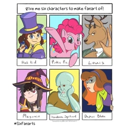 Size: 840x840 | Tagged: safe, artist:raecoon_art, imported from derpibooru, pinkie pie, anthro, cat, earth pony, human, pony, six fanarts, a hat in time, anthro with ponies, antlers, beastars, bust, crossover, daphne blake, faic, female, handsome squidward, hat, hat kid, konosuba, louis (beastars), male, mare, megumin, open mouth, smiling, squidward tentacles, top hat, underhoof, waving