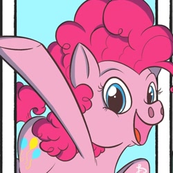 Size: 960x960 | Tagged: safe, alternate version, artist:raecoon_art, imported from derpibooru, pinkie pie, earth pony, pony, female, mare, open mouth, smiling, solo, underhoof, waving