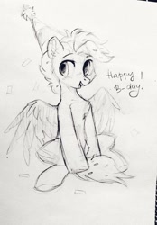 Size: 1506x2164 | Tagged: safe, artist:_mpiesocks, artist:raily, imported from derpibooru, pegasus, pony, black and white, confetti, grayscale, hat, monochrome, party hat, pony oc, sitting, sketch, solo, spread wings, traditional art, wings