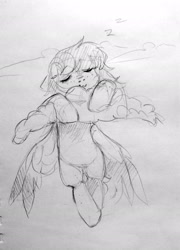 Size: 1478x2048 | Tagged: safe, artist:_mpiesocks, artist:raily, imported from derpibooru, pegasus, pony, black and white, cloud, eyes closed, female, grayscale, mare, monochrome, sky, sleeping, sleepy, spread wings, traditional art, wings