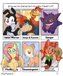 Size: 3000x3582 | Tagged: safe, artist:akaitsukii, imported from derpibooru, fluttershy, anthro, bear, bird, cat, gengar, pegasus, pony, six fanarts, animaniacs, anthro with ponies, backpack, banjo kazooie, bowtie, bust, cats don't dance, clothes, crossover, fawn, female, grin, hat, hummingmint, male, mare, open mouth, pokémon, smiling, tongue out, warner brothers, yakko warner