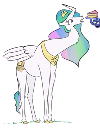 Size: 1180x1505 | Tagged: safe, artist:jargon scott, imported from derpibooru, princess celestia, princess luna, giraffe, pony, alternate cutie mark, angry sun, cake, food, giraffelestia, i can't believe it's not alumx, long neck, majestic as fuck, necc, princess necklestia, simple background, species swap, white background