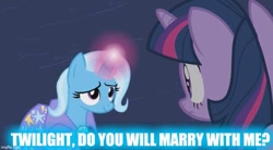 Size: 849x470 | Tagged: safe, edit, edited screencap, imported from derpibooru, screencap, trixie, twilight sparkle, magic duel, caption, female, grammar error, image macro, lesbian, magic, meme, shipping, text, trixie yells at everything, twixie