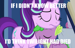 Size: 2243x1448 | Tagged: safe, edit, edited screencap, imported from derpibooru, screencap, spike, starlight glimmer, dragon, pony, unicorn, cakes for the memories, spoiler:cakes for the memories, spoiler:mlp friendship is forever, caption, eyes closed, female, male, mare, meme