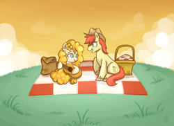 Size: 1100x800 | Tagged: safe, artist:xwreathofroses, imported from derpibooru, bright mac, pear butter, earth pony, pony, the perfect pear, basket, brightbutter, female, flower, flower in hair, guitar, hat, male, musical instrument, picnic, picnic basket, picnic blanket, scene interpretation, shipping, straight, you're in my head like a catchy song