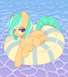 Size: 1800x2040 | Tagged: safe, artist:einarco, artist:nebychko, imported from derpibooru, oc, oc only, oc:mango foalix, pegasus, pony, commission, female, floating, grin, looking at you, mare, smiling, swimming pool, water, your character here