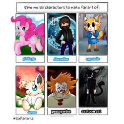 Size: 1080x1080 | Tagged: dead source, safe, artist:eeveewolf_official, imported from derpibooru, pinkie pie, anthro, earth pony, eevee, human, pony, red panda, six fanarts, aggretsuko, alan walker, anthro with ponies, bust, clothes, clown, crossover, female, grin, hoodie, it, male, mare, one eye closed, open mouth, pennywise, pokémon, retsuko, sanrio, smiling, wink