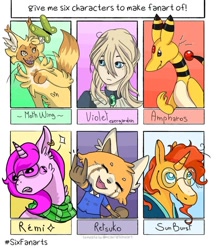 Size: 1005x1137 | Tagged: safe, artist:miss_anthesy, imported from derpibooru, sunburst, ampharos, anthro, butterfly, cat, human, pony, red panda, unicorn, six fanarts, aggretsuko, anthro with ponies, bust, clothes, crossover, devil horn (gesture), female, fluffy, glasses, male, moth wings, pokémon, retsuko, sanrio, scarf, smiling, stallion, sunglasses, violet evergarden, warrior cats, wings