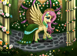 Size: 4490x3250 | Tagged: safe, artist:darksly, imported from derpibooru, fluttershy, pegasus, pony, clothes, dress, female, flower, flower in hair, gala dress, mare, solo