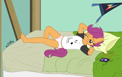 Size: 3261x2052 | Tagged: safe, artist:deserter, artist:tolpain, imported from derpibooru, scootaloo, anthro, pegasus, awakening, bedroom, clothes, collaboration, female, messy mane, morning ponies, panties, pillow, snoopy, solo, underwear