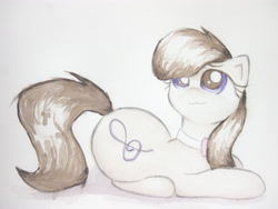 Size: 4032x3024 | Tagged: safe, artist:papersurgery, imported from derpibooru, octavia melody, earth pony, pony, female, looking up, mare, prone, ribbon, sitting, solo, traditional art, watercolor painting