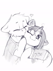 Size: 1536x2048 | Tagged: safe, artist:dimfann, imported from derpibooru, oc, oc only, oc:dim, oc:sylvine, pony, unicorn, black and white, cheek fluff, cheek kiss, clothes, eyes closed, floppy ears, grayscale, kissing, monochrome, nintendo switch, one ear down, one eye closed, shirt, t-shirt