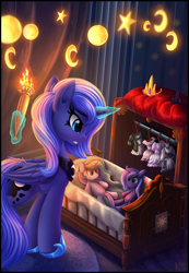 Size: 2100x3028 | Tagged: safe, artist:atlas-66, imported from derpibooru, princess luna, pony, fanfic:the empty room, crib, fanfic art, female, plushie, s1 luna, solo, torch, wanderer d