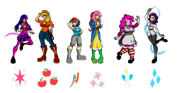 Size: 1280x674 | Tagged: safe, artist:theomegas2, imported from derpibooru, applejack, fluttershy, pinkie pie, rainbow dash, rarity, twilight sparkle, human, armpits, boots, clothes, cutie mark, dark skin, fat, humanized, lasso, mane six, pudgy pie, rope, shoes, simple background, socks, striped socks, transparent background