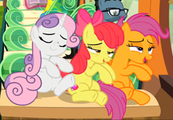 Size: 844x589 | Tagged: safe, imported from derpibooru, screencap, apple bloom, down under, lemon hearts, scootaloo, sweetie belle, earth pony, pegasus, pony, unicorn, growing up is hard to do, bedroom eyes, cropped, cutie mark, cutie mark crusaders, eyes closed, female, friendship express, lidded eyes, older, older apple bloom, older cmc, older scootaloo, older sweetie belle, sitting, smiling, the cmc's cutie marks, train, trio