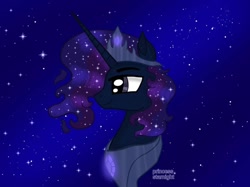 Size: 1080x809 | Tagged: safe, artist:princess_starnight, imported from derpibooru, oc, oc only, oc:cosmos, pony, unicorn, bust, ethereal mane, horn, male, solo, space, stallion, starry mane, unicorn oc