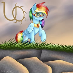 Size: 3000x3000 | Tagged: safe, artist:brilliant-luna, imported from derpibooru, rainbow dash, pegasus, pony, fanfic:austraeoh, cheek fluff, ear fluff, element of loyalty, fanfic art, female, goggles, jewelry, necklace, raised hoof, solo, sunset