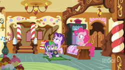 Size: 1600x900 | Tagged: safe, imported from derpibooru, screencap, pinkie pie, spike, starlight glimmer, dragon, cakes for the memories, spoiler:cakes for the memories, spoiler:mlp friendship is forever, book, candy, candy cane, ceiling light, chandelier, crossed hooves, display case, door, food, indoors, looking up, rug, scrapbook, sugarcube corner, vase, watermark, winged spike, wings