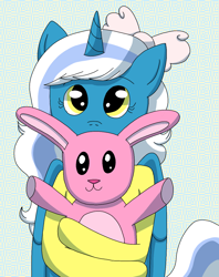 Size: 976x1232 | Tagged: safe, artist:fruiitypieq, artist:shycookieq, imported from derpibooru, oc, oc:fleurbelle, alicorn, rabbit, alicorn oc, animal, bow, clothes, commission, female, hair bow, horn, hugging a toy, looking at you, mare, toy, wings, ych result, yellow eyes