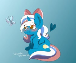 Size: 1024x854 | Tagged: safe, artist:sundaedreamer, imported from derpibooru, oc, oc:fleurbelle, alicorn, butterfly, :3, adorabelle, alicorn oc, blushing, bow, chibi, cute, ear fluff, female, hair bow, heart, horn, mare, smiling, wingding eyes, wings