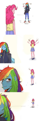 Size: 1400x4190 | Tagged: safe, artist:phattaraphorn_1, artist:tar, imported from derpibooru, pinkie pie, rainbow dash, equestria girls, bag, blouse, clothes, comic, female, goodbye, jacket, lesbian, pants, pinkiedash, shipping, shoes, skirt, teary eyes, waving